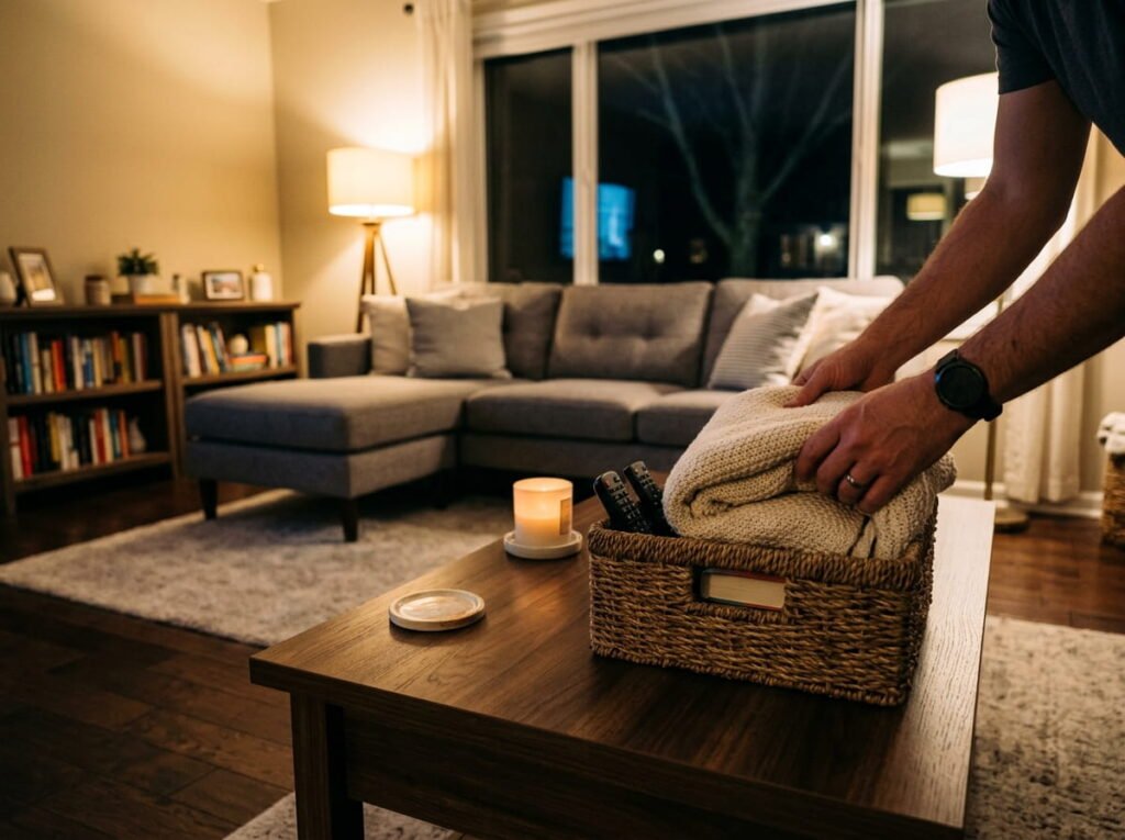 A living room at dusk during a quick 15-minute daily reset, with hands folding a blanket and placing remotes into a stylish coffee table basket.