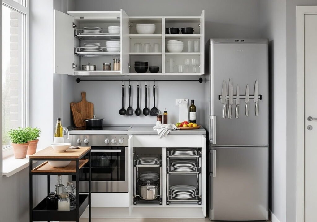 Compact apartment kitchen with rolling storage cart and smart cabinet organizers