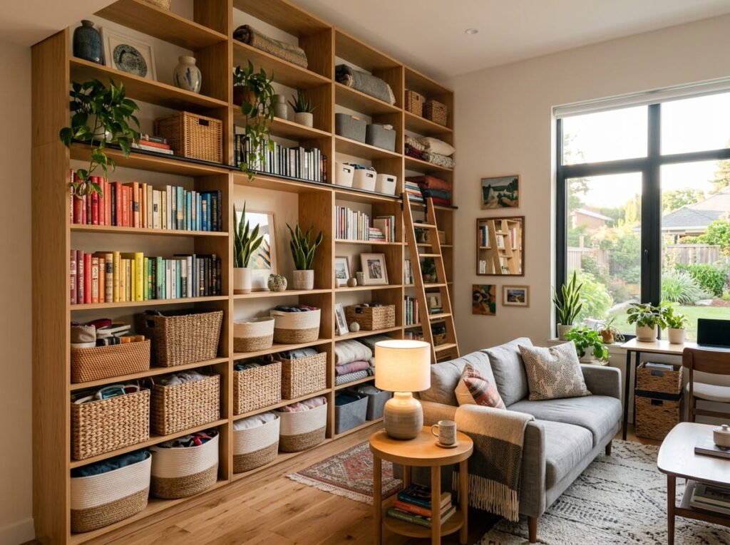Tall shelving unit with baskets, books, and storage bins in a small living room