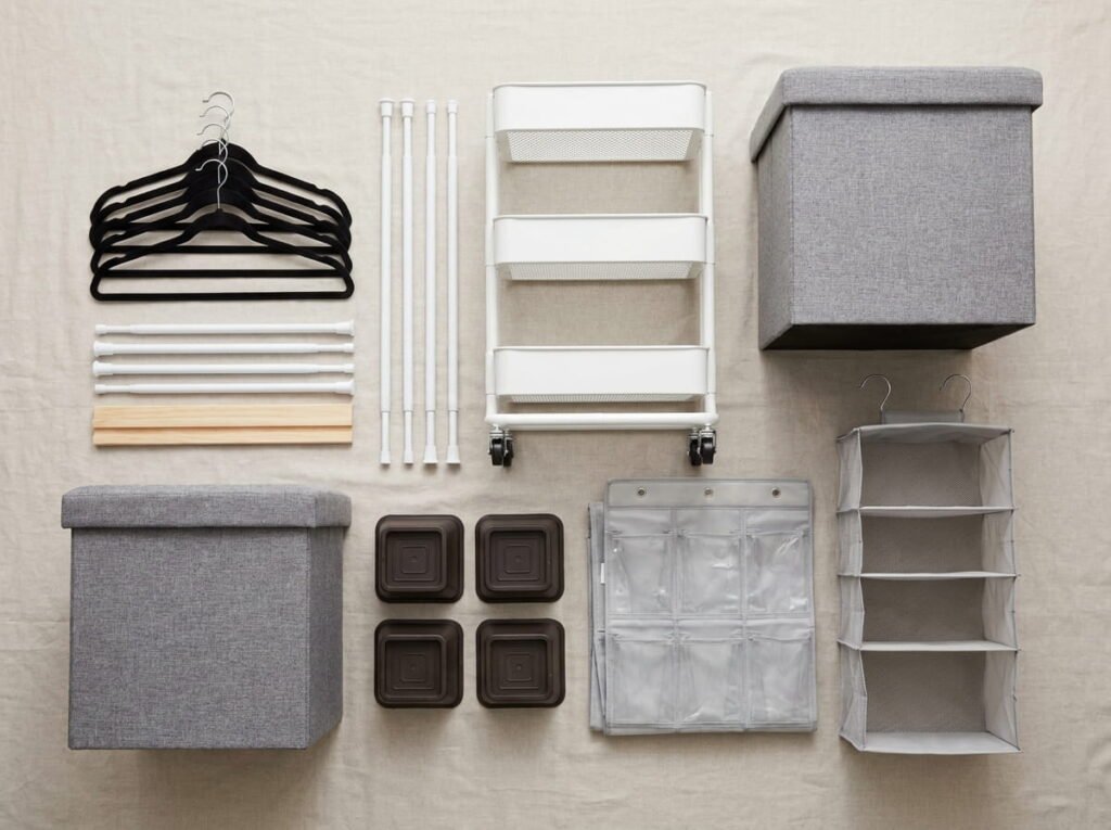 Affordable apartment storage products including hangers, organizers, rolling carts, and bed risers