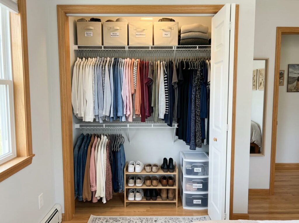 Small closet with double hanging rods maximizing vertical clothing storage space