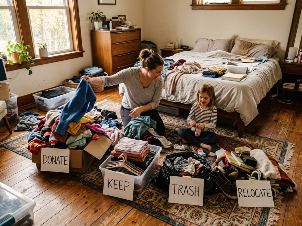 Bedroom decluttering session with clothes sorted into keep, donate, trash, and relocate piles