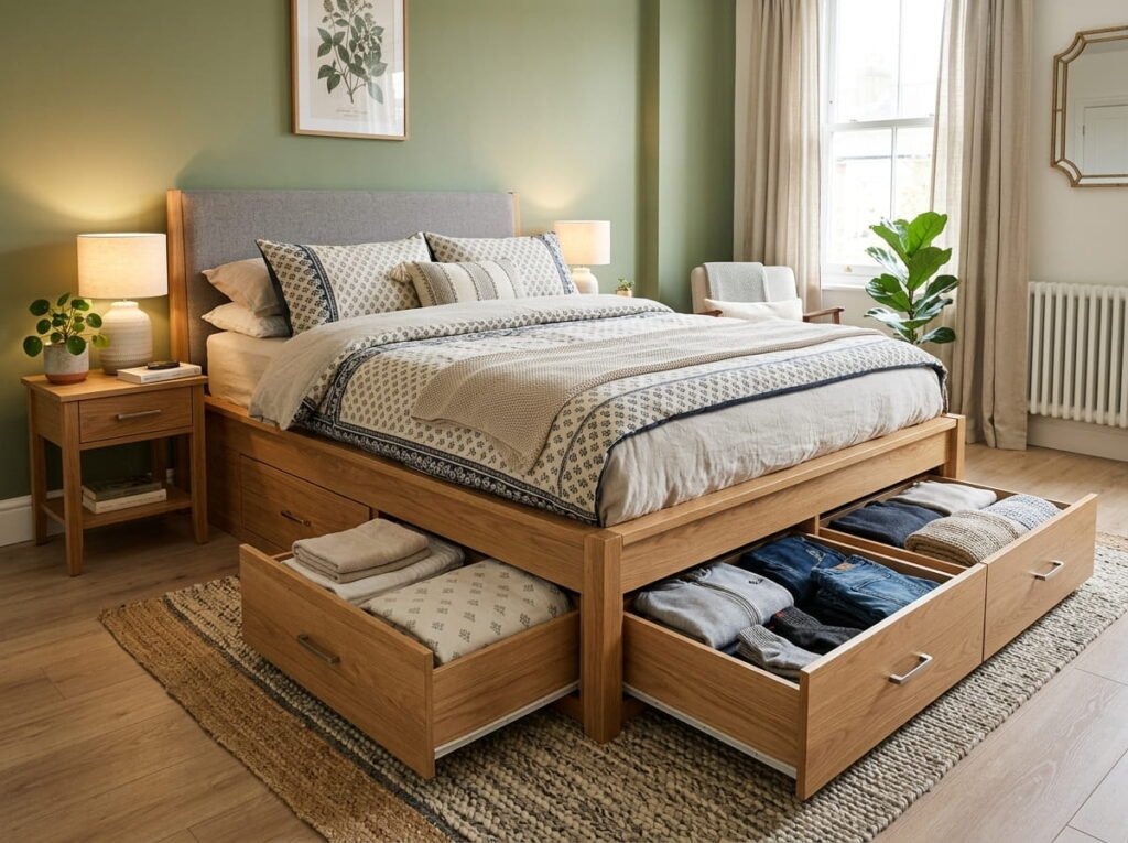 Bedroom storage bed with built-in drawers underneath for clothes and linens