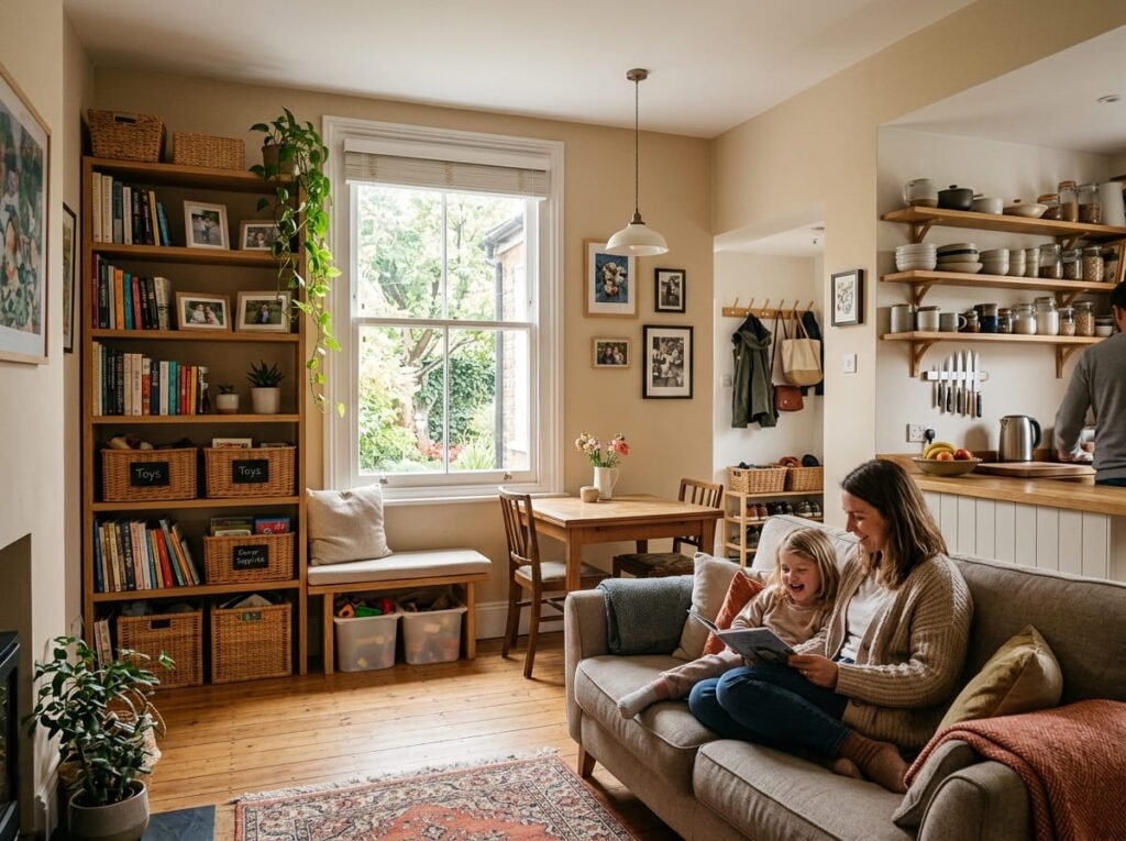 Organized small family home with clever storage solutions and clutter-free living spaces