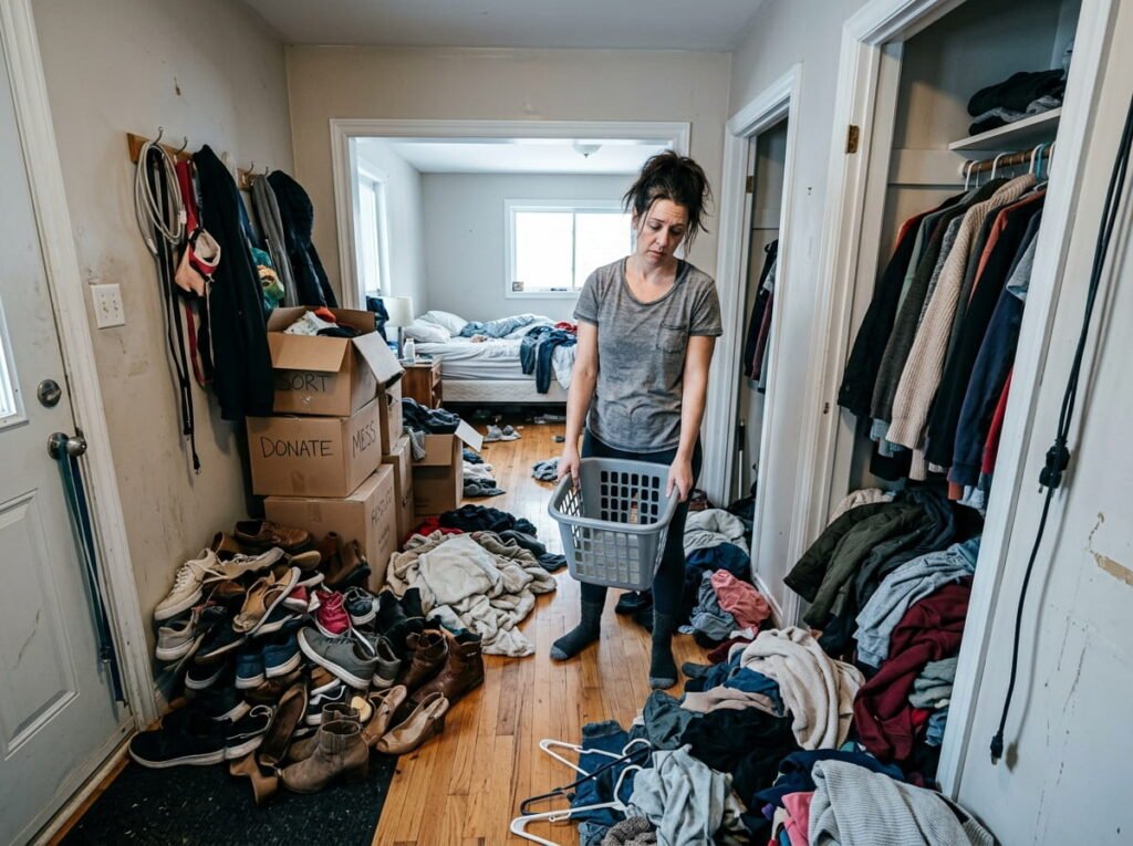 A frustrated parent standing in a messy hallway with clothes spilling from open closets into a cluttered bedroom, showing the overwhelm of trying to organize the whole house at once.