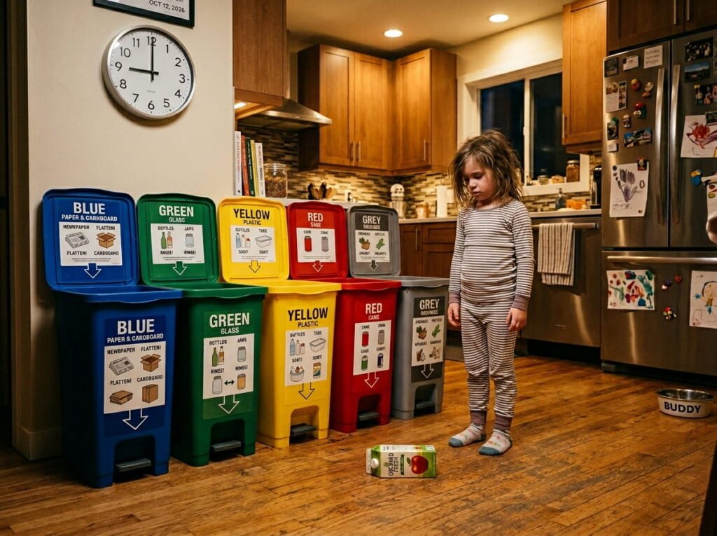 A young child casually dropping a juice carton beside a storage bin instead of placing it inside, demonstrating how overly complicated organizing systems fail in real family homes.