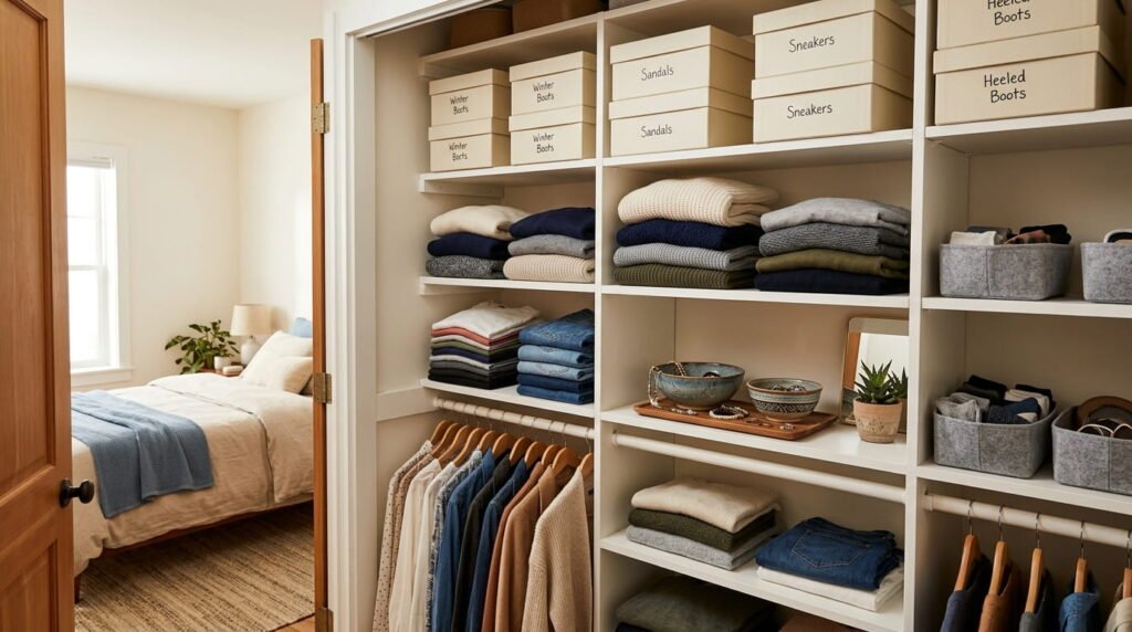 Bedroom closet organized with covered shoeboxes, folded clothing, and decorative bowls for accessories.