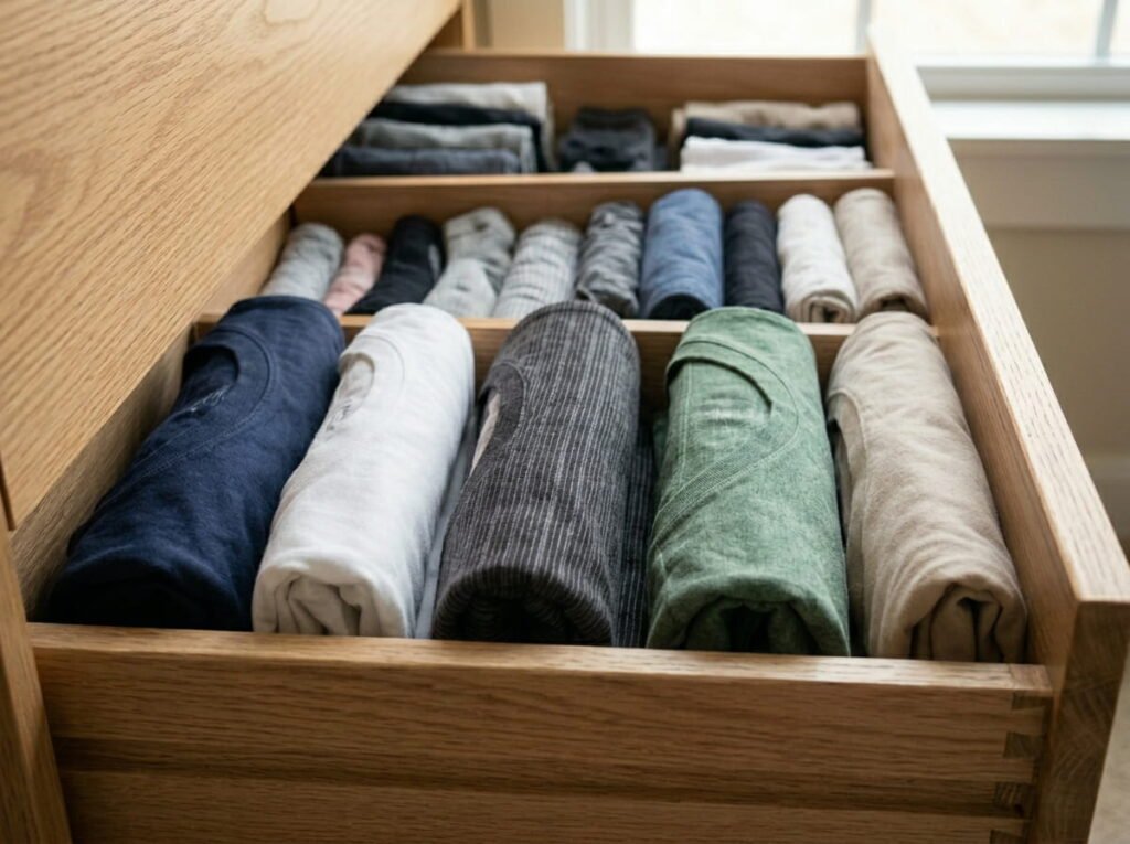 Vertically folded clothes organized neatly inside dresser drawers