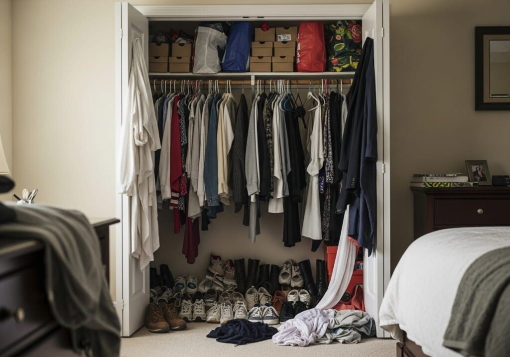 Overstuffed bedroom closet with clothes spilling out and disorganized shelves in a cluttered home