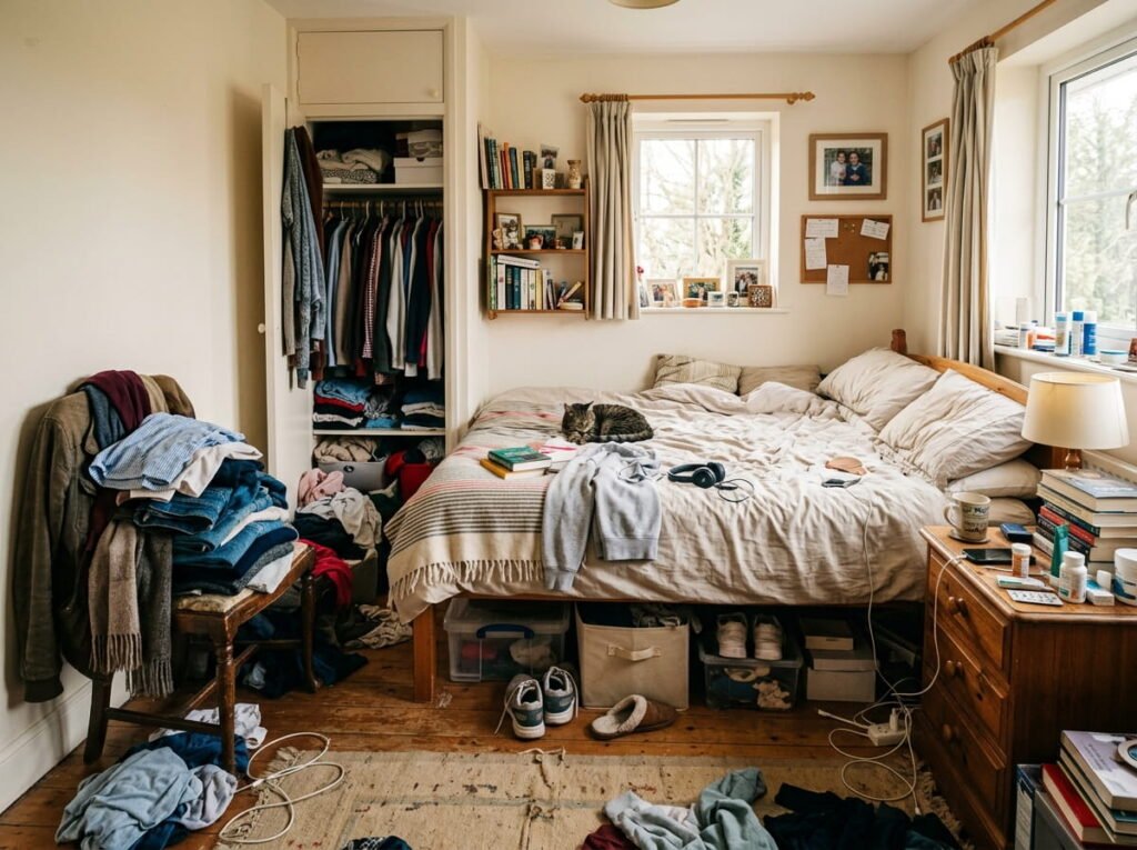 Cluttered small bedroom with overflowing closet, messy nightstand, and clothes piled on a chair