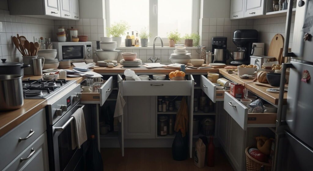 Cluttered small kitchen showing overcrowded counters and cabinets highlighting why small kitchens feel out of space.