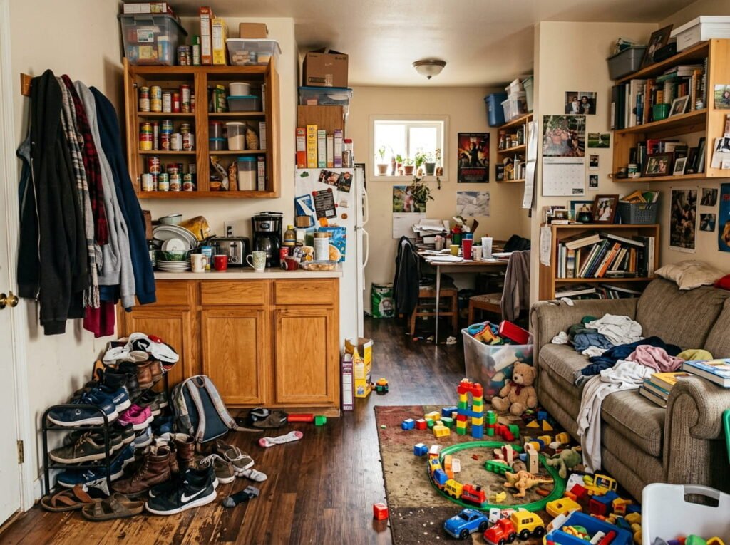 Cluttered small home with overflowing cabinets, hallway shoes, toys on the floor, and limited storage space