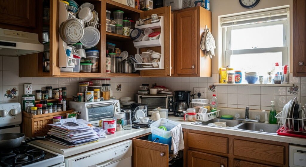 Overcrowded kitchen with full cabinets and cluttered countertops.