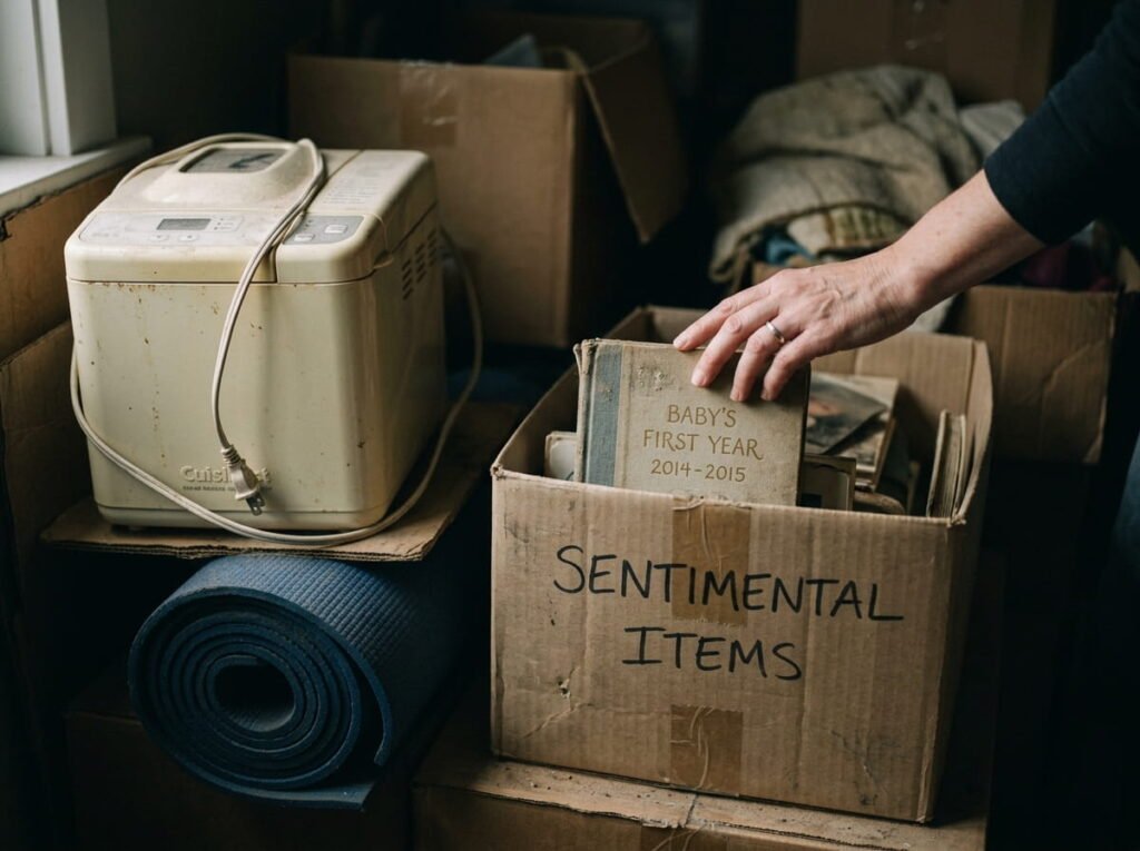A low-key interior shot focusing on a dusty box marked "SENTIMENTAL ITEMS," where a hand is delicately touching an old journal surrounded by an unused bread maker and a rolled-up exercise mat, illustrating the emotional weight that halts decluttering sessions.