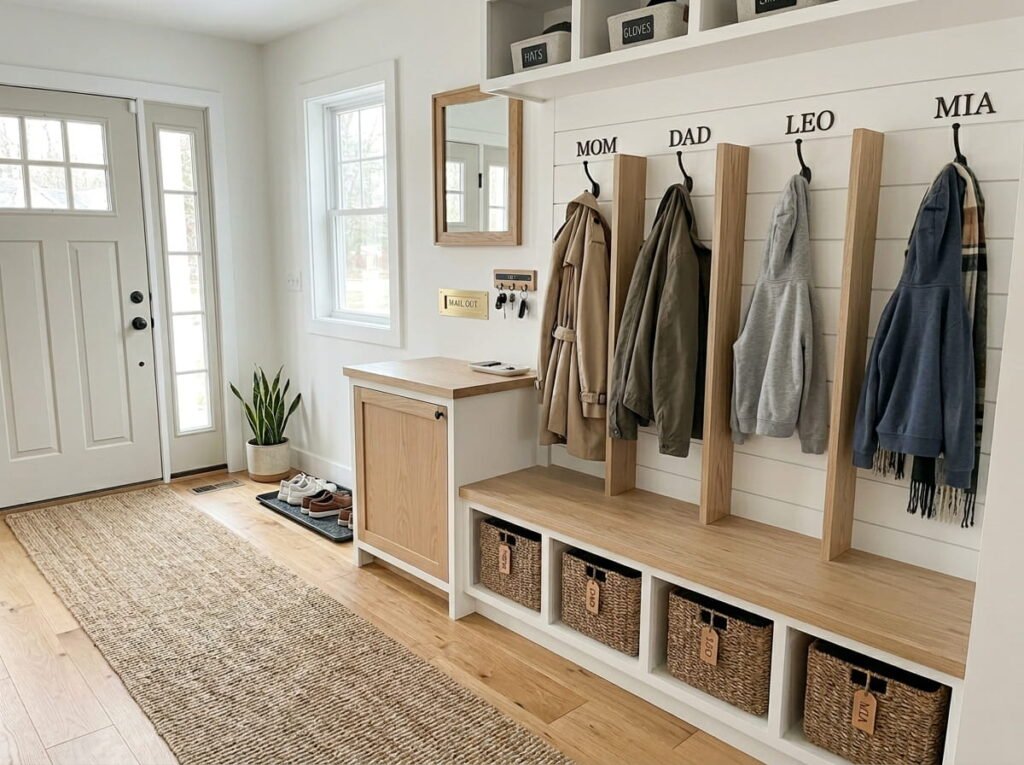 An organized mudroom entryway zone featuring a modern wooden bench, labeled shoe baskets, and individual wall hooks for family members.