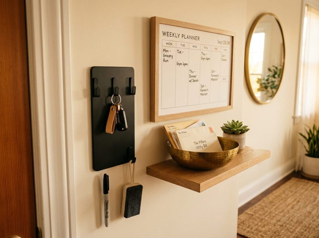 Close-up of a minimalist entryway command center with a modern magnetic key rack, small mail bowl, and a clean digital wall calendar.