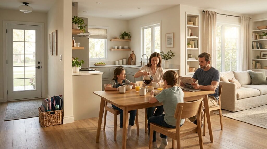 Calm, organized family home with morning sunlight and prepared spaces.