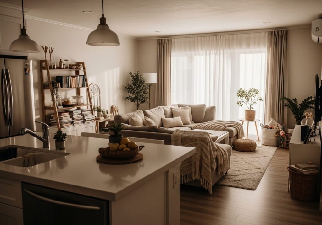 Peaceful organized family home after fast decluttering with clean surfaces
