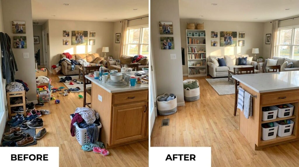 Side-by-side view of a cluttered home and the same home after a weekly reset.