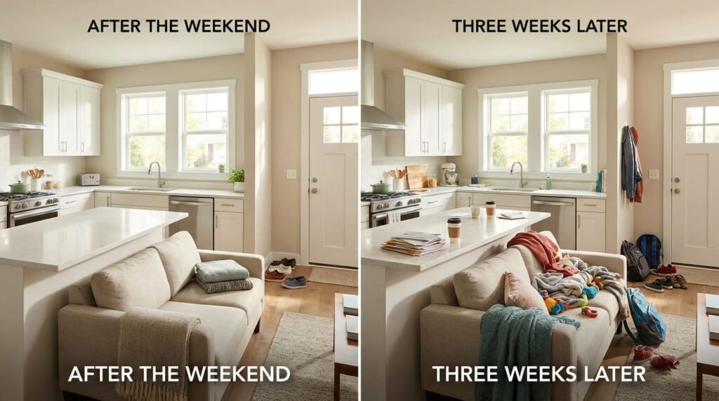 Comparison of an organized home and the same home cluttered weeks later.