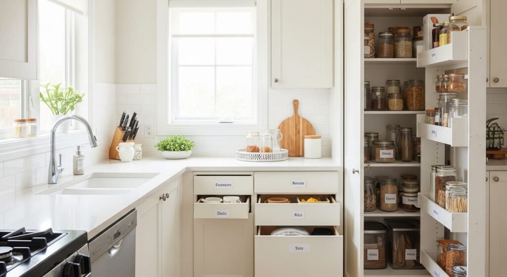 Organized kitchen after a fast decluttering session with clear counters, tidy pantry, and functional storage zones.
