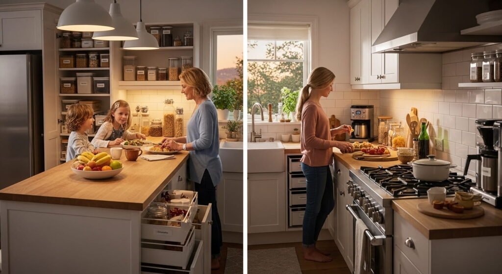 Family enjoying a clean and organized kitchen after a successful makeover.