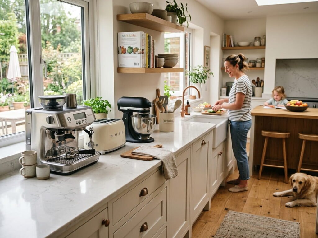 Bright and clean kitchen countertops free of clutter, showing only a daily-use coffee maker and toaster in a dedicated appliance zone.