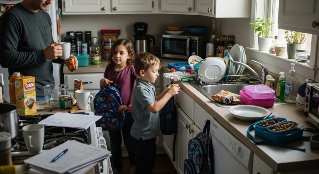 Busy family kitchen cluttered during a hectic morning routine.