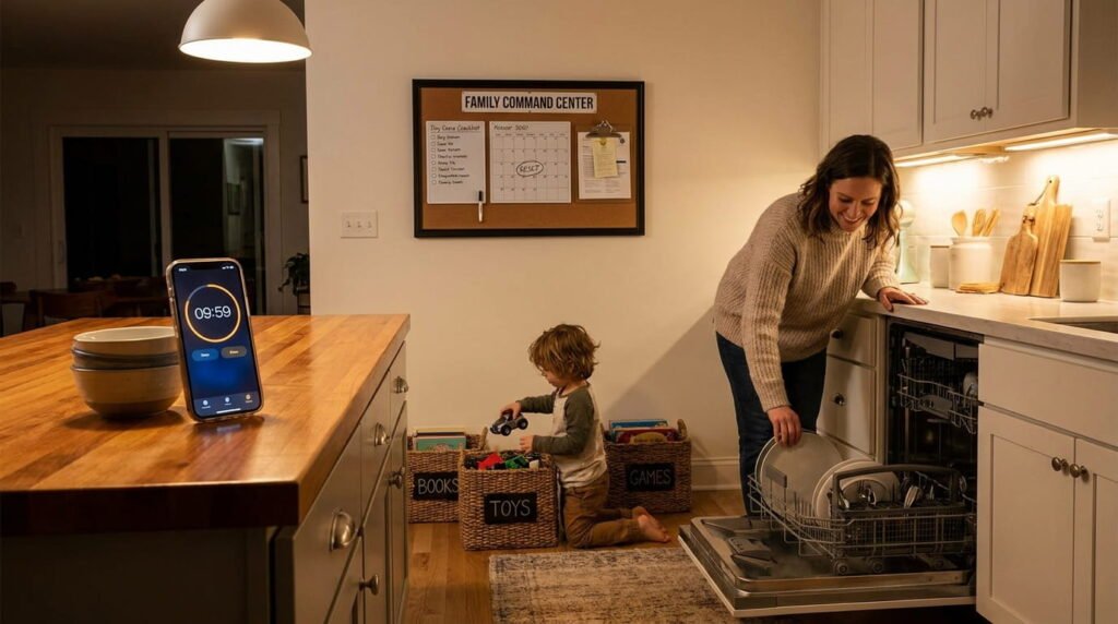 Parents and children completing a 10-minute evening reset in a tidy home.