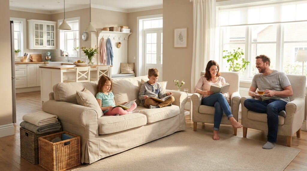 Family relaxing in a clean and organized home after a weekly reset.