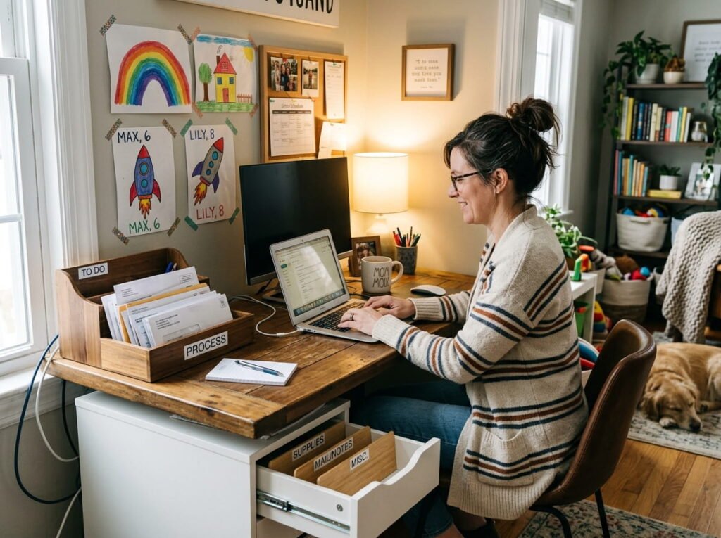 A realistic and functional home office desk with labeled drawer dividers and an inbox for bills, showing a maintained, real-life organization system.