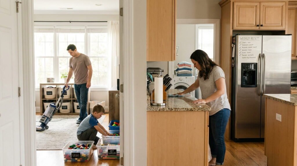 Family completing household tasks using a weekly reset checklist.