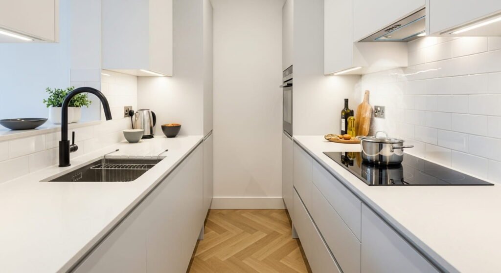 A double-sided galley kitchen layout showing a clear central walkway with a stainless steel sink on one side and a modern stove top on the other.