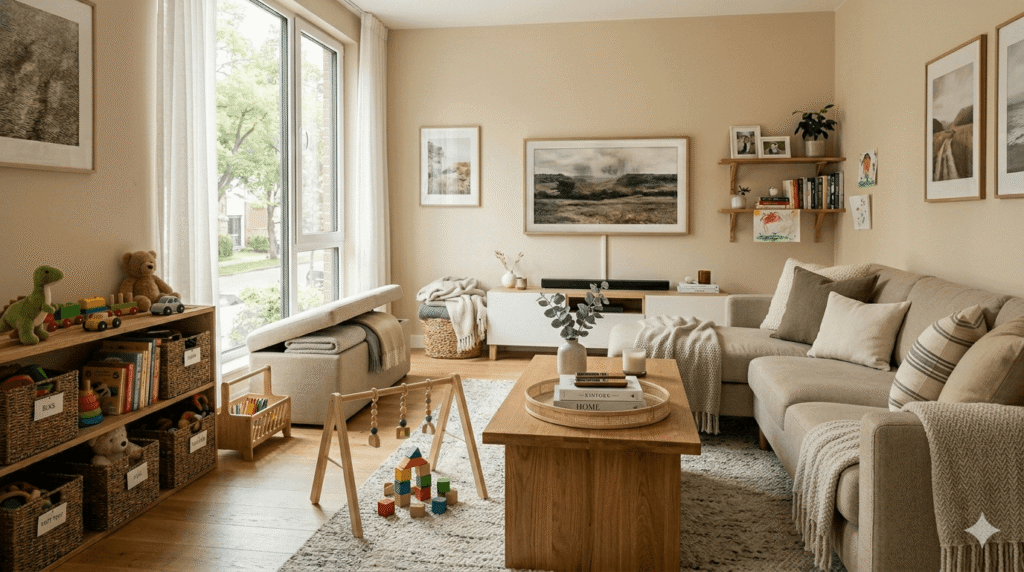 Family living room organized with storage baskets, toy zones, and clean shelves