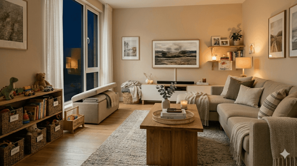 Clean and peaceful family living room with organized storage and cozy evening lighting