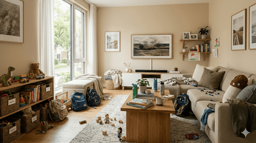 Busy family living room with toys, backpacks, and everyday clutter