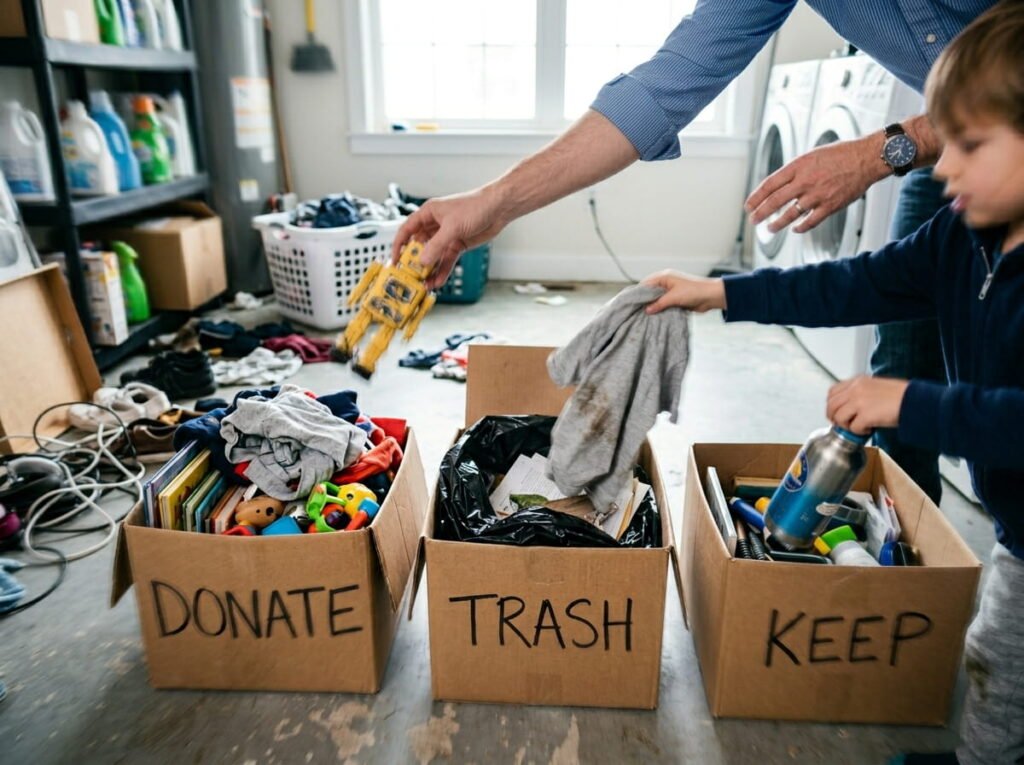 A parent and child dropping items into three large cardboard boxes labeled keep, donate, and trash on a utility room floor.