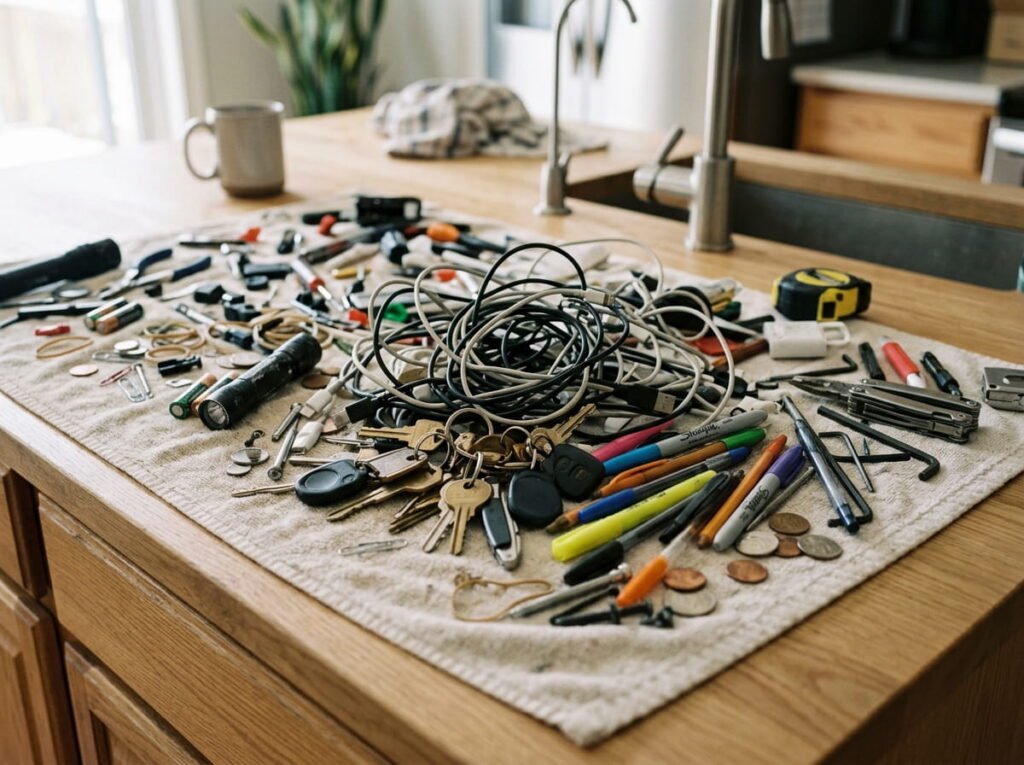 A cluttered kitchen island covered in a tangle of old charging cables, keys, and miscellaneous items during a junk drawer decluttering purge.