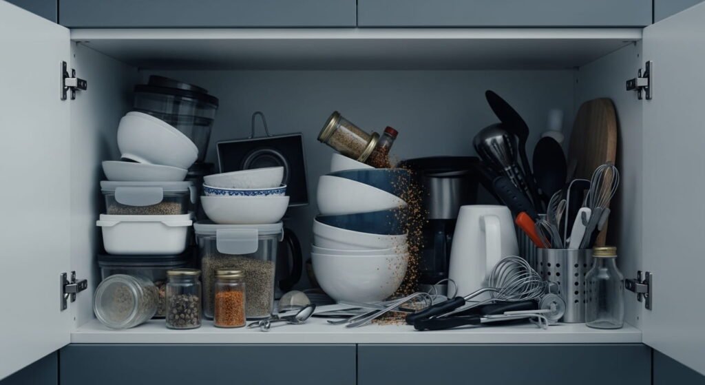 A messy kitchen cabinet filled with disorganized containers, overflowing utensils, and hard-to-reach items showing common storage clutter and inefficiency.