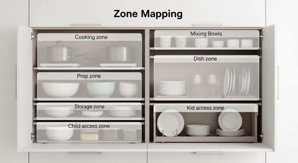 A kitchen cabinet system divided into organized zones for cooking, prep, dishes, storage, and kids’ items, with neatly arranged kitchen tools in each section.