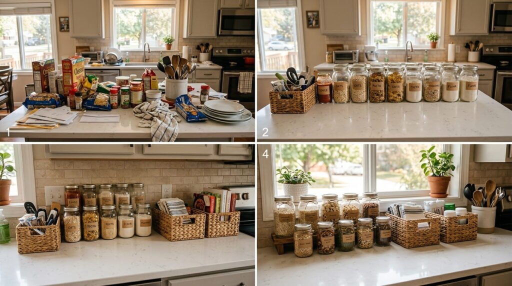 Cluttered kitchen counter transitioning into an organized space using reused jars and baskets.