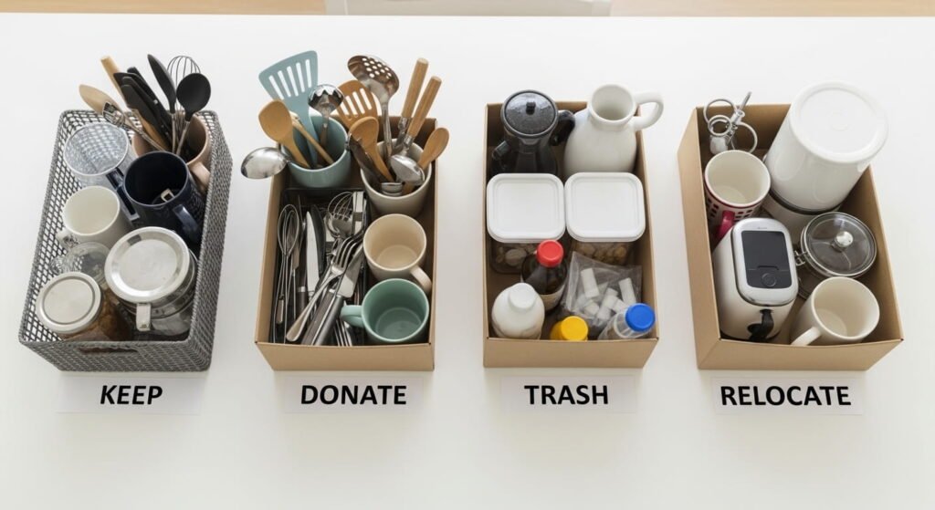 Parent preparing to declutter a kitchen fast using a 45-minute method with trash bag, donation box, and timer.