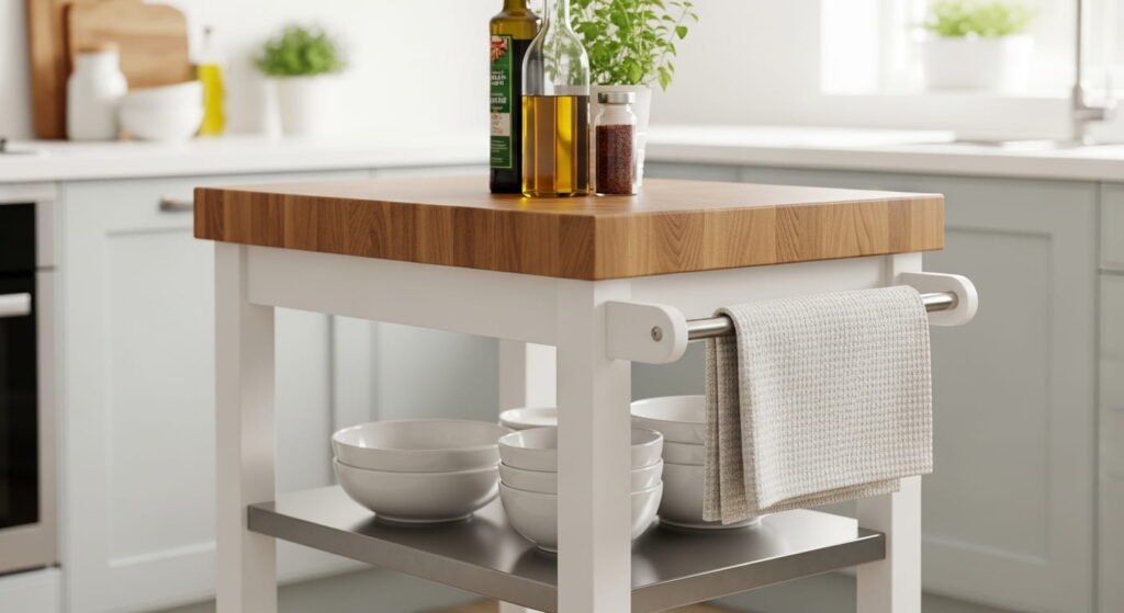 A narrow wooden rolling kitchen island with a butcher-block top, storage shelves holding bowls, and wheels for flexible small space layouts.