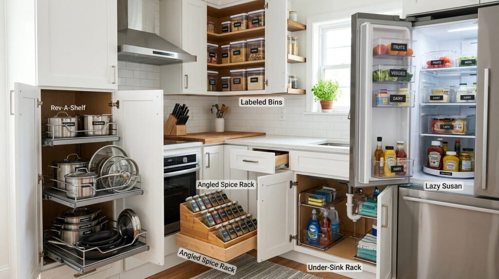 A small kitchen with organized storage systems including pull-out cabinet shelves, labeled pantry bins, spice organizers, refrigerator bins, and under-sink racks.