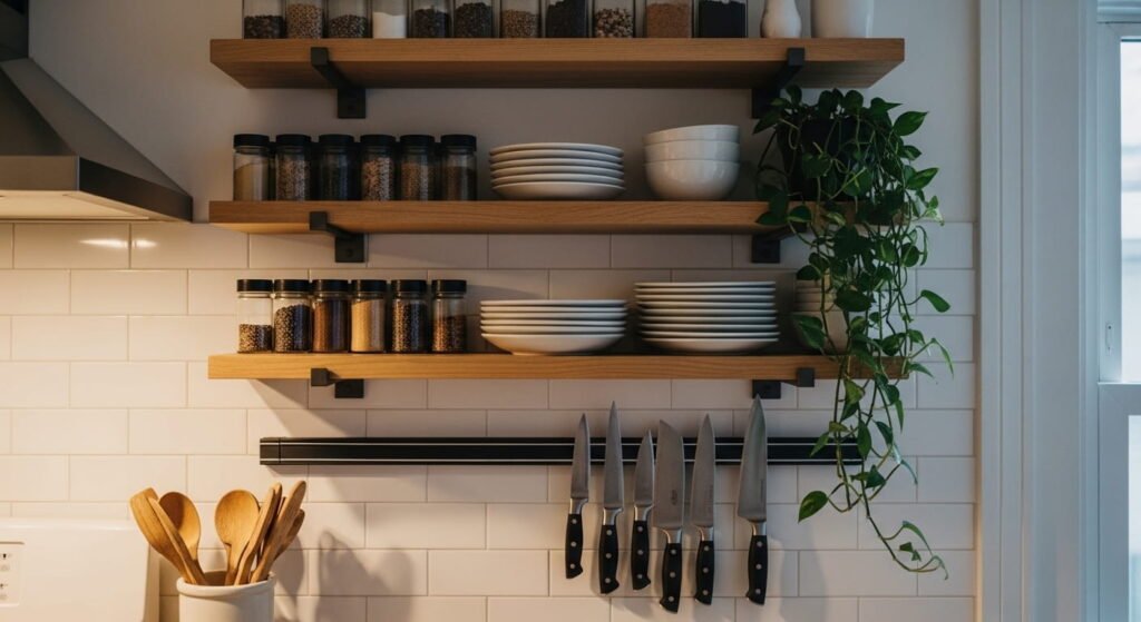 Floating wooden shelves and a magnetic knife strip mounted on a white wall to maximize vertical storage in a compact kitchen layout.