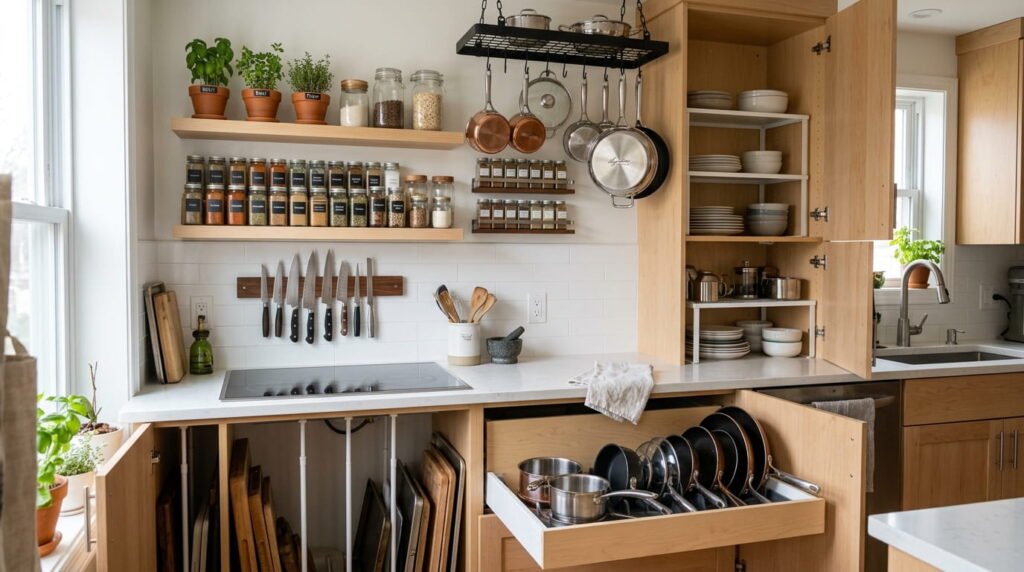 Small kitchen using vertical storage and cabinet hacks like shelves, pull-out organizers, and wall-mounted racks to save space.