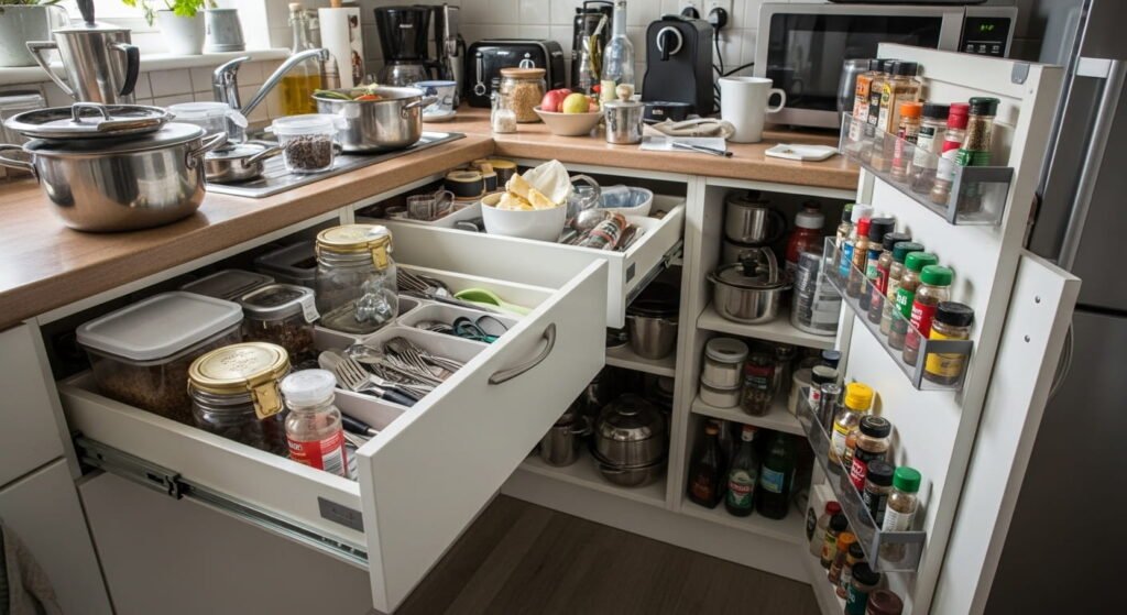 A cluttered small kitchen with overflowing cabinets, messy drawers, crowded countertops, and disorganized storage showing common space problems.