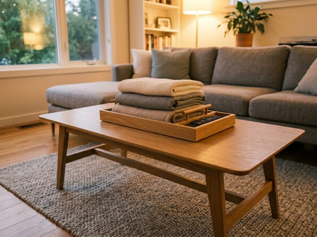A living room coffee table piled with mail, toys, and everyday items after a busy week, illustrating how one hard week can make a home look like the organizing system never existed.