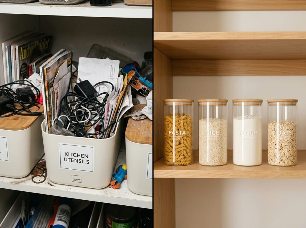 Side-by-side comparison of cluttered, overfilled storage bins next to a neatly organized pantry with labeled containers, illustrating the difference decluttering makes before buying storage.