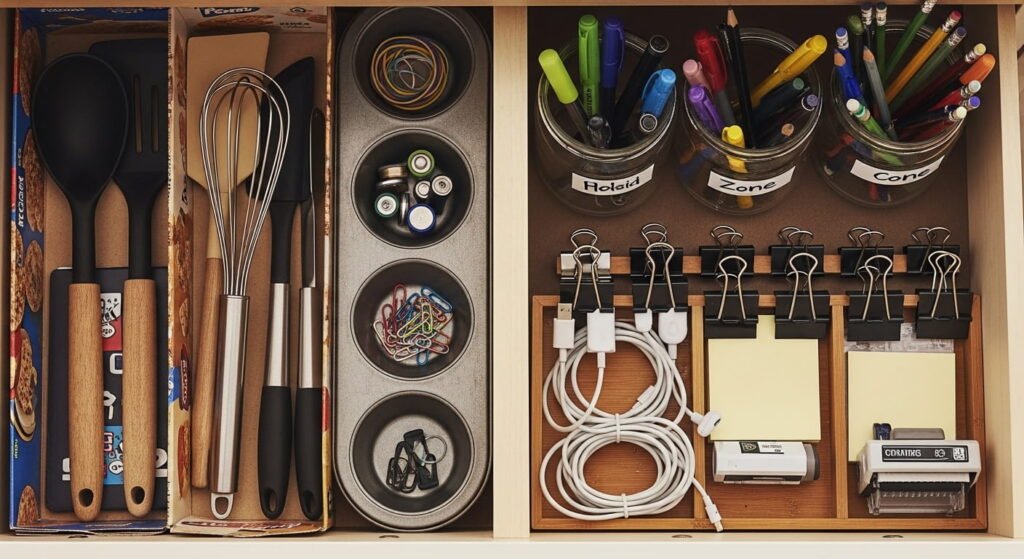 DIY drawer organization using cereal boxes, muffin tins, jars, and trays instead of store-bought organizers.